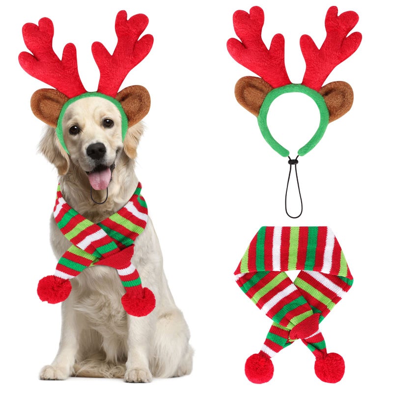 BWOGUE Dog Christmas Reindeer Elk Antlers Headband and Red-White-Green Striped Scarf Set Pet Christmas Costume Dog Costumes Accessories for Dogs and Cats - Image 1